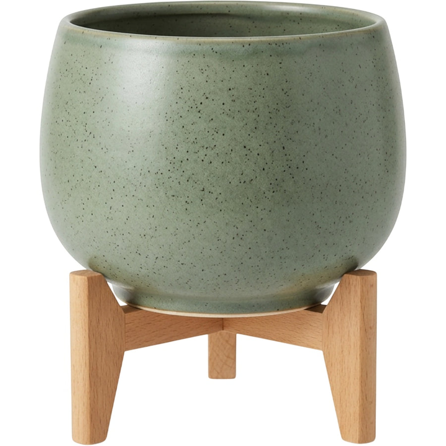 Ambbe Speckled Ceramic Planter 20 cm with Three-Leg Wood Stand Sage