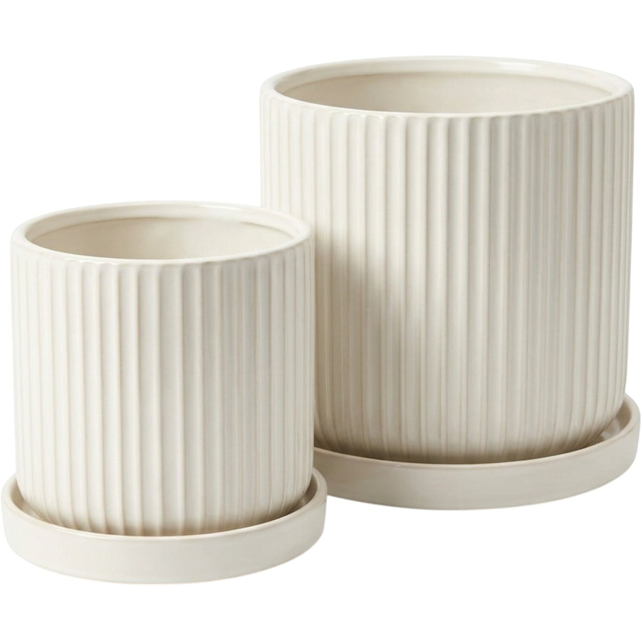 Ambbe Ribbed Ceramic Planter Set of 2 with Saucers Warm White